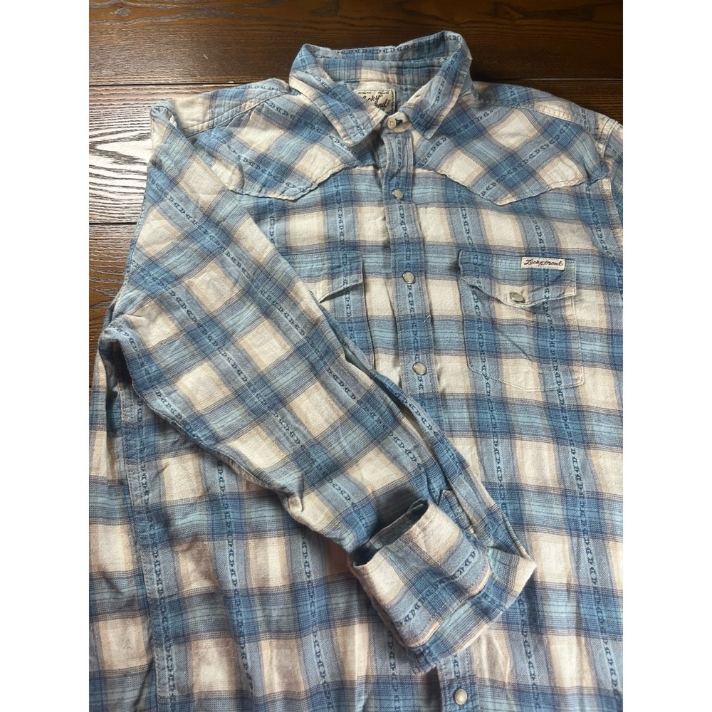 Lucky Brand Mens Western Pearl Snap Plaid Flannel Shirt Blue White Size Large